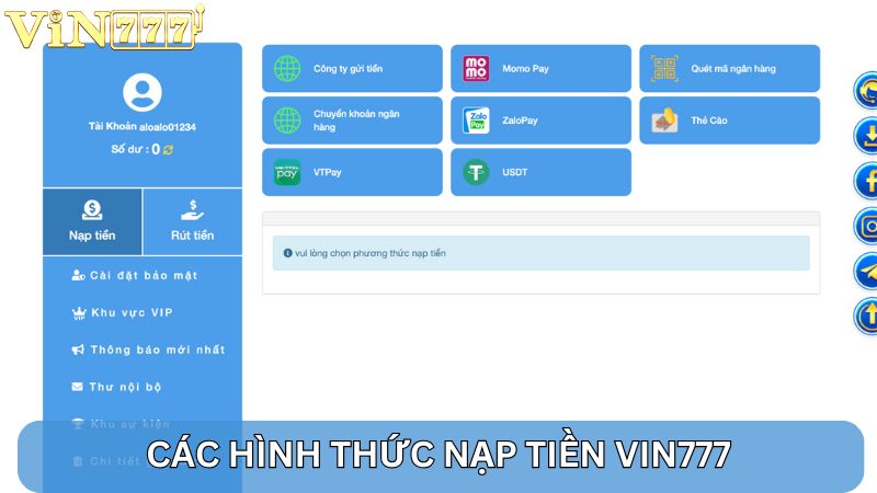 Giới thiệu hình thức nạp tiền VIN777