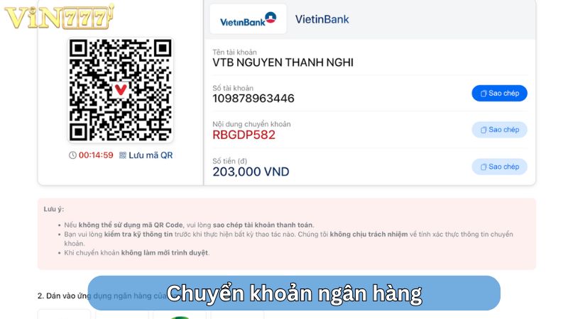 Hướng dẫn nạp tiền VIN777 qua chuyển khoản