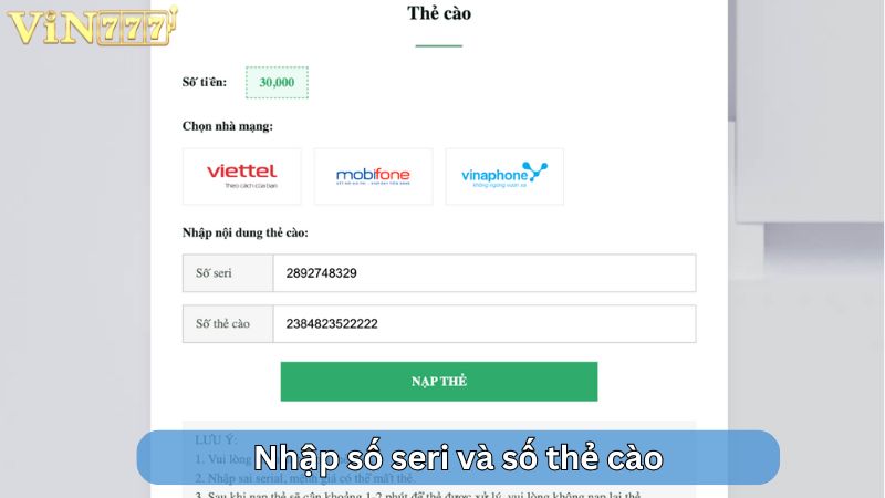 Nhập seri và số thẻ và hoàn tất nạp